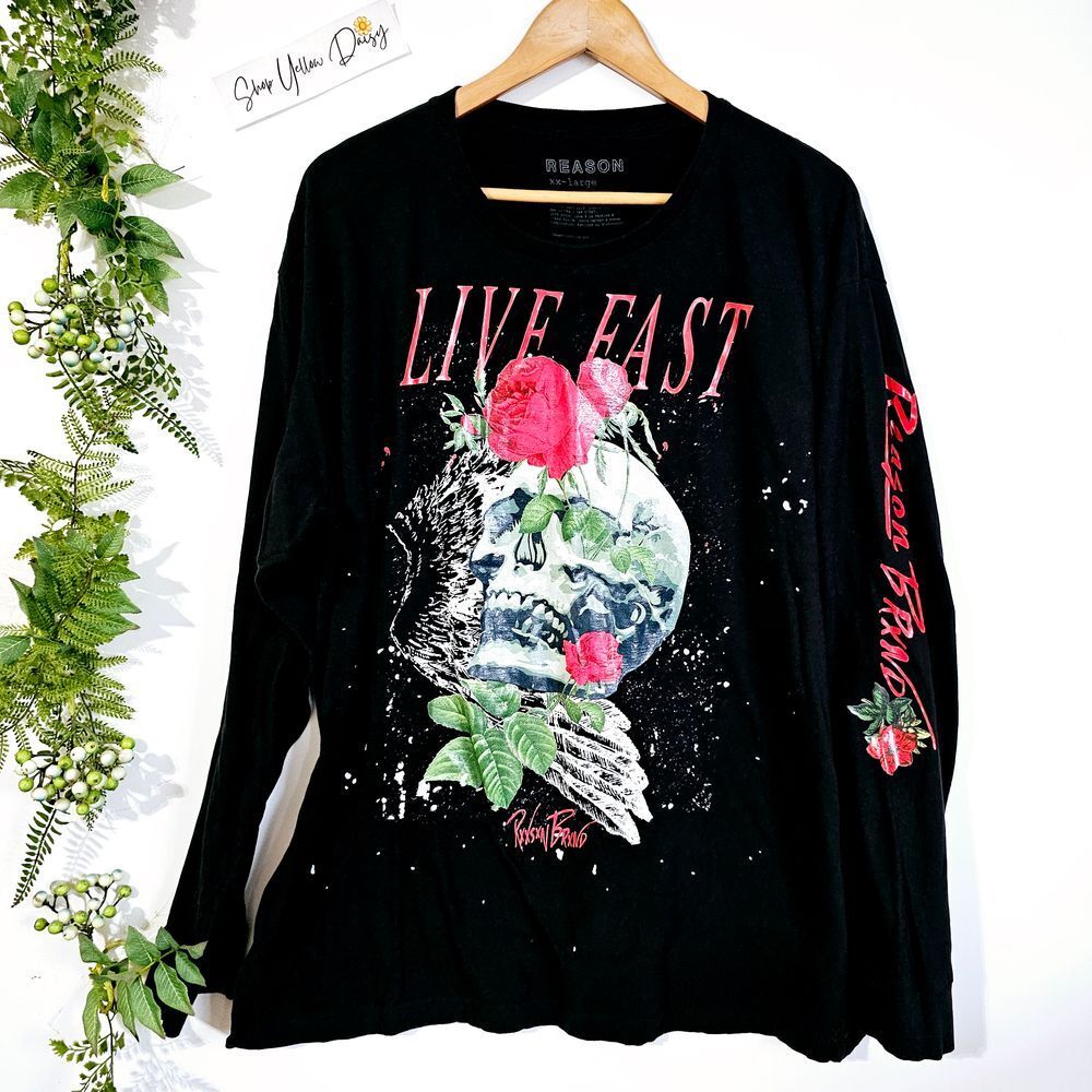 Mens Reason Clothing Long Sleeve Skull Rose Live Fast Graphic Tee Black XXL